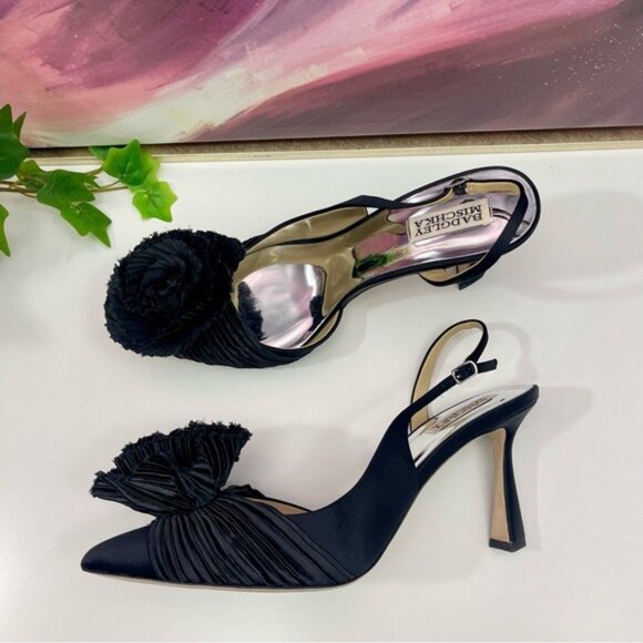 Badgley Mischka Blaire Pleated Satin Slingback Heels with Floral Detail Black 10 - Picture 4 of 11